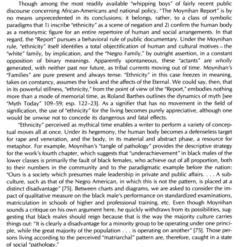 Including here 1987 excerpt from Hortense Spillers essay “Mama’s Baby, Papa’s Maybe” where she addresses the Moynihan’s report + how he paints Black family as “pathology” (full PDF accessible here:  https://people.ucsc.edu/~nmitchel/hortense_spillers_-_mamas_baby_papas_maybe.pdf)