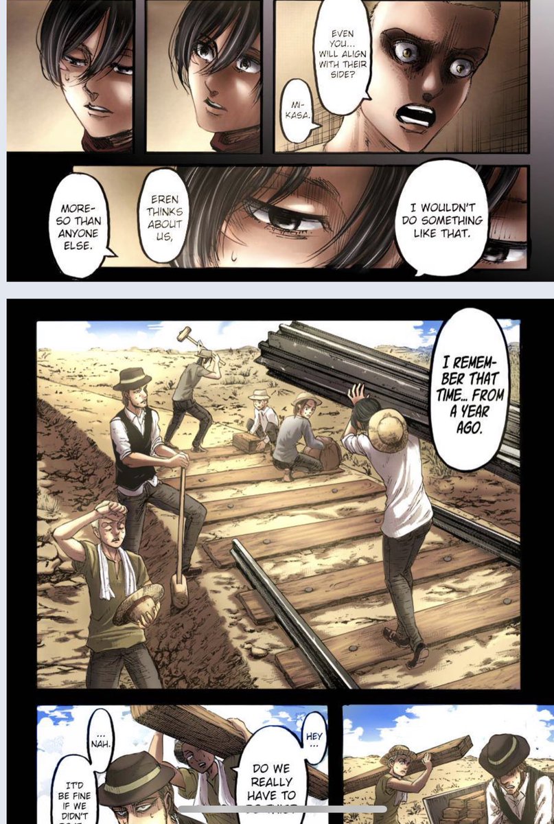 17. The next instance, where Connie says “we need to kill Eren”, but Mikasa quickly shuts down the idea of killing Eren, by saying “I won’t allow something like that to happen”, it portrays Mikasa still has trust in Eren and everything he is doing is for her and his friends.