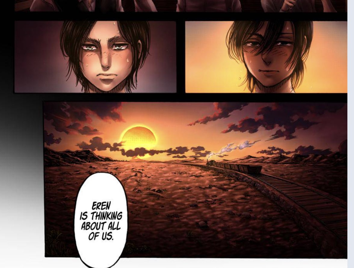 20. From this we can infer, that Eren does care about his friends and Mikasa. But, there is a shift in focus where the panel focuses on Eren and Mikasa blushing at each other. This portrays, Eren is thinking most about Mikasa, as he has started to develop feelings for her.