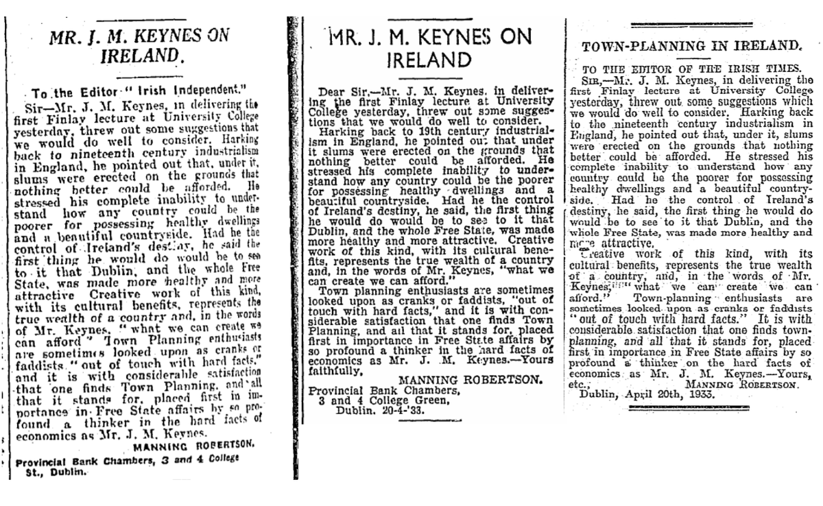 The only letter in Irish newspapers after Keynes's "National Self Sufficiency" lecture was about town planning. The author managed to get it published in the Irish Independent, Irish Press, and Irish Times!