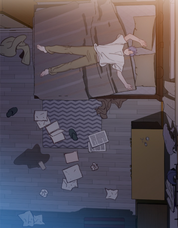 Yool goes through a depressive episode, he doesn't talk to his boyfriend, he (presumably) stops taking his medication for a bit, and he falls deep into this pit of self-loathing and unease. The difference between the tidiness of his room is enough to show that this slump has+