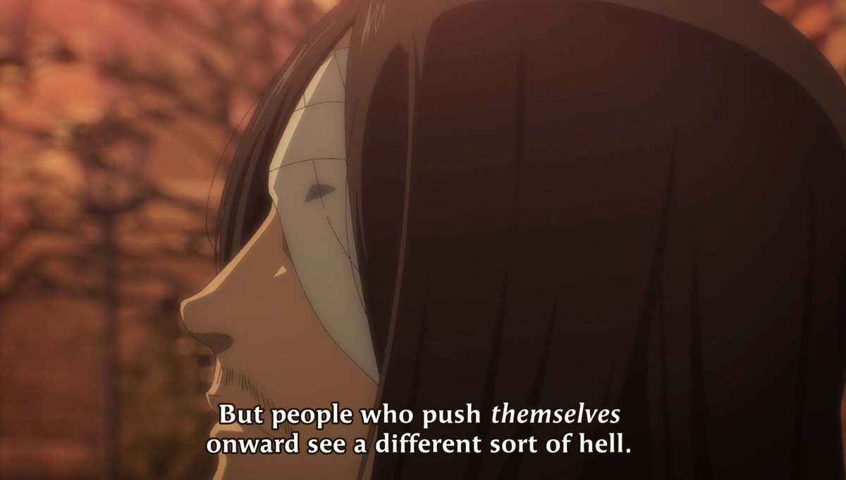 8. Also, we see Eren is going along with his plan of the Rumbling. This shows Eren’s willingness and his lost of hope to put everyone behind him, and do this alone, due to the fact he doesn’t want to hurt his friends and Mikasa.