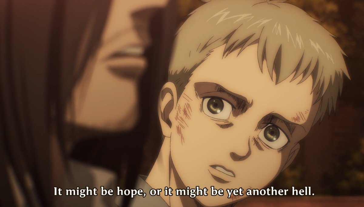 8. Also, we see Eren is going along with his plan of the Rumbling. This shows Eren’s willingness and his lost of hope to put everyone behind him, and do this alone, due to the fact he doesn’t want to hurt his friends and Mikasa.