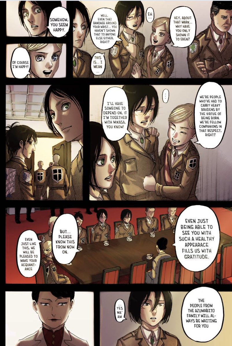 15. Later on, we see a flashback of where the scouts meet the Hizuru family, where it’s revealed that Mikasa was related to them, through the mark. It also was revealed that Mikasa showed only Eren, about this secret.