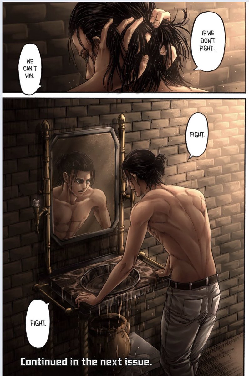 14.Even when Eren was being detained for his actions in Liberio, Mikasa and Eren still use the same words that was used in the cabin by Eren. There is a parallel as it shows how connected they are to each other, as they use it for motivation and determination to moving forward.