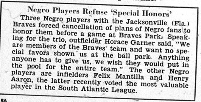 1953, Aaron and his teammates refuse a special honor from Black fans at Jacksonville. it's hard to express what these barrier breakers had to go through, especially in the southern minor leagues. integrate a racist league, Jim crow stands, racist fans, and represent...