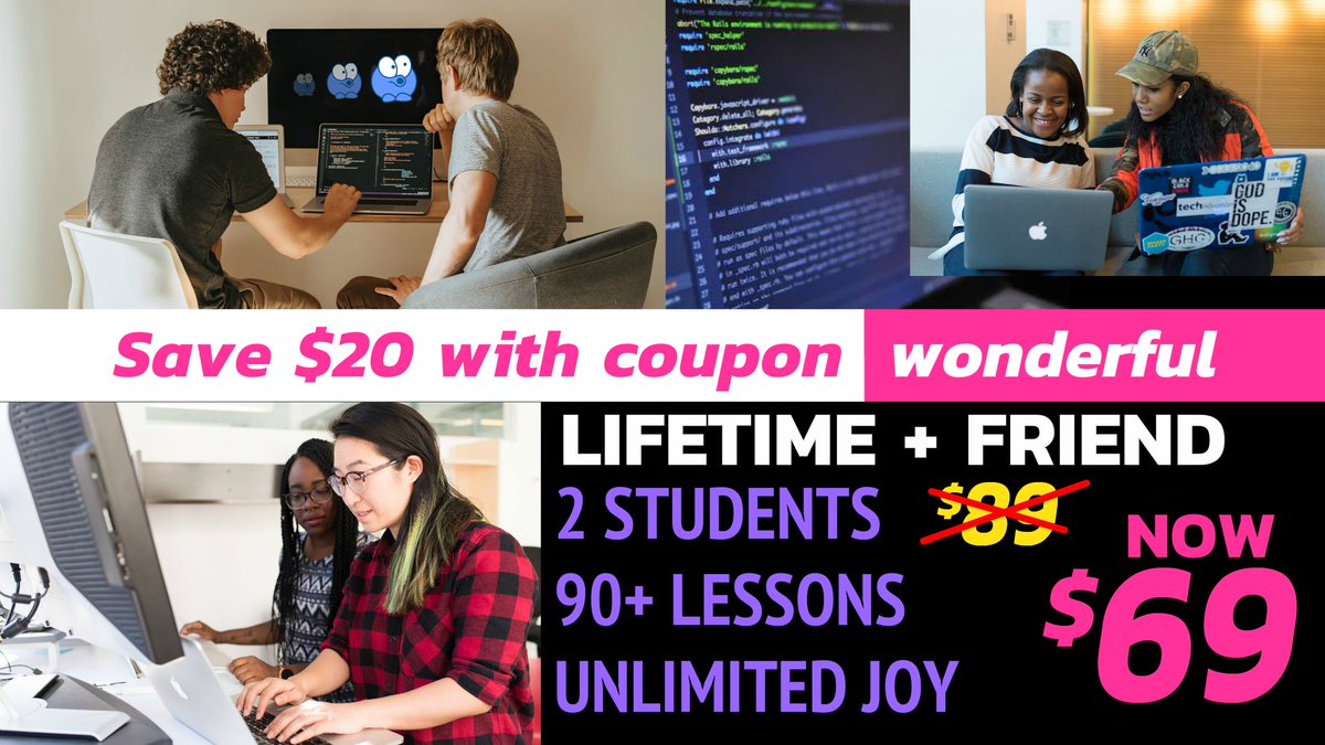 Save $20 off Lifetime + Friend plan TODAYUse Coupon: wonderful https://www.creativecodingclub.com/bundles/creative-coding-club