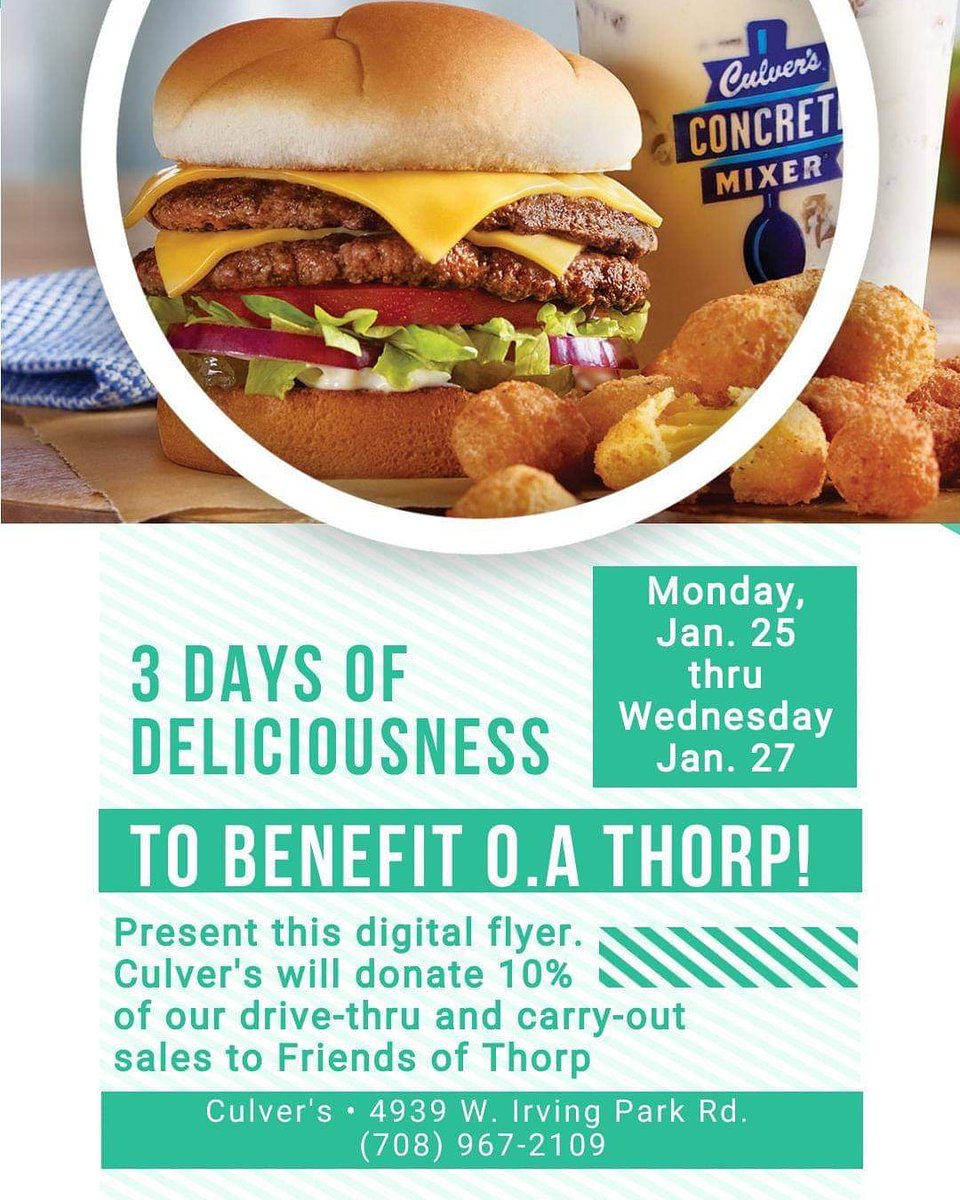 FriendsofThorp's tweet photo. Eat delicious @culvers and support @ThorpSchool #chicagopublicschool #chicago #delicious #culvers https://t.co/i5Sl7jSjVK