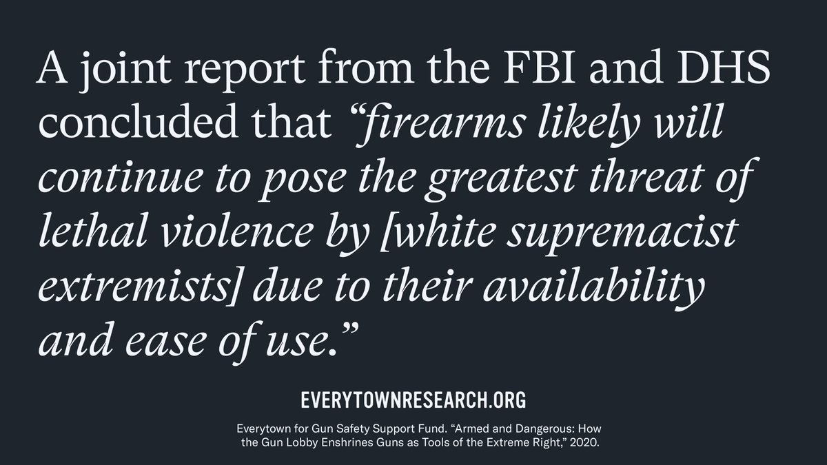 Everytown's tweet photo. In 2017, the DHS and FBI put out a joint report naming guns as the greatest threat of deadly violence from white supremacists. https://t.co/1QRl55GHKF