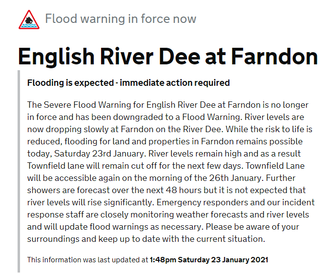 EnvAgencyNW's tweet photo. We have downgraded the Servere Flood Warning on the River Dee at #Fardon to a Flood Warning.
Although an improving picture, we encourage everyone to remain vigilant and keep a check on our #Flood warnings page https://t.co/znM5bbWfPZ https://t.co/sUjdKxS3Jb