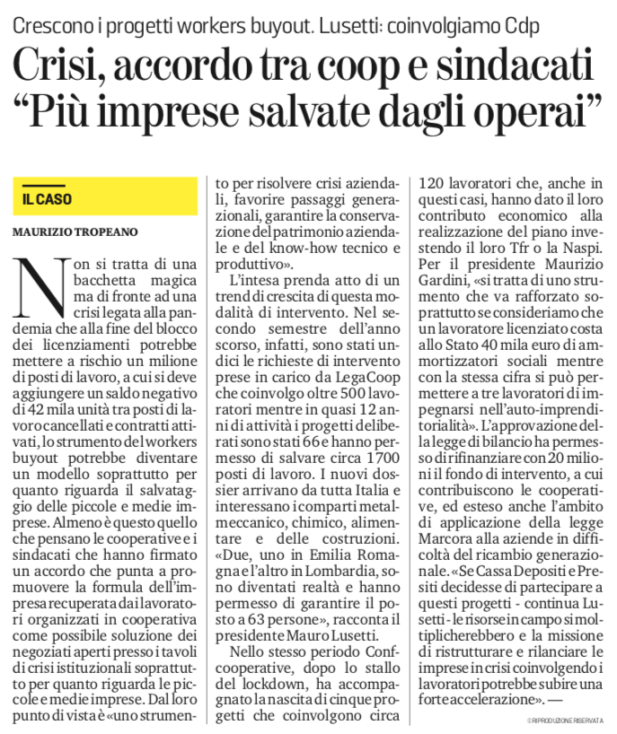 mauro_lusetti's tweet photo. Oggi su @LaStampa le mie dichiarazioni sul #workersbuyout, in seguito all'accordo siglato da @CooperativeITA e sindacati: se @GruppoCDP decidesse di partecipare a questi progetti di rilancio di impresa e lavoro, le risorse si moltiplicherebbero e i processi sarebbero più rapidi https://t.co/xCxLsmUrS2