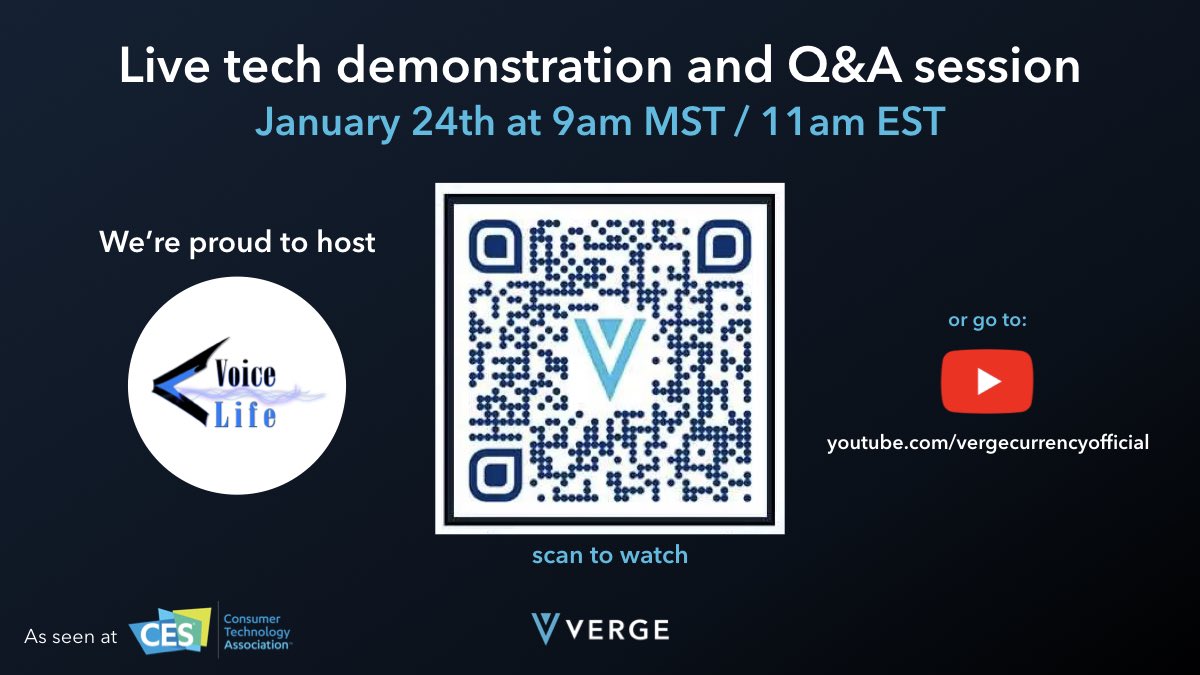 Vergecurrency Join Us For The Live Tech Demonstration And Q A Session With Voicelife Inc On January 24th At 11am Est On Our Youtube Channel T Co 008jae8btz Don T Forget To Subscribe Xvg Vergepay