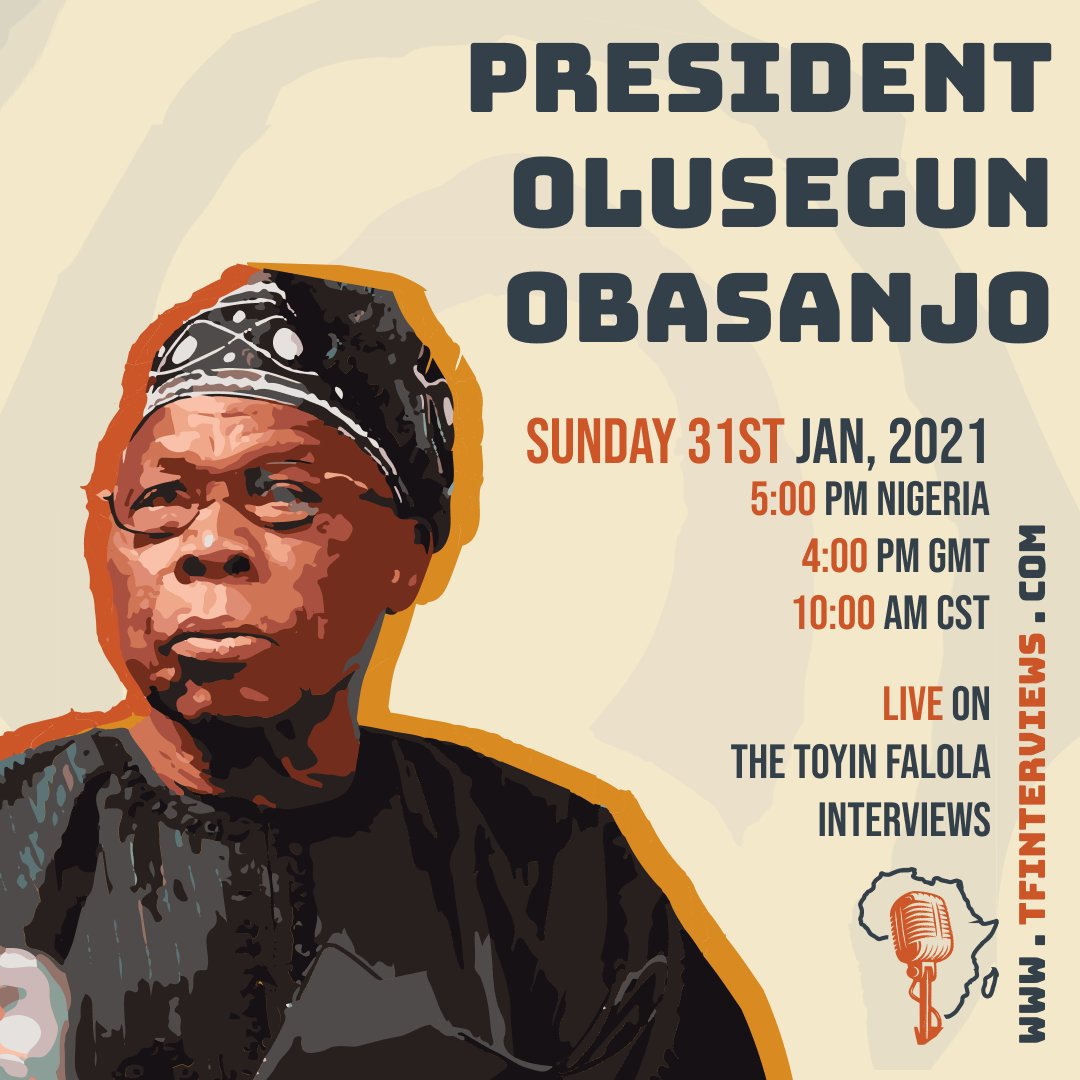 tfinterviews's tweet image. We are excited to announce that Former President Olusegun Obasanjo, of Nigeria, will be speaking with us on the show.

It is a great honor to have the opportunity to speak with a man of his experience, knowledge, and caliber. 

Click the link in the bio to register!
