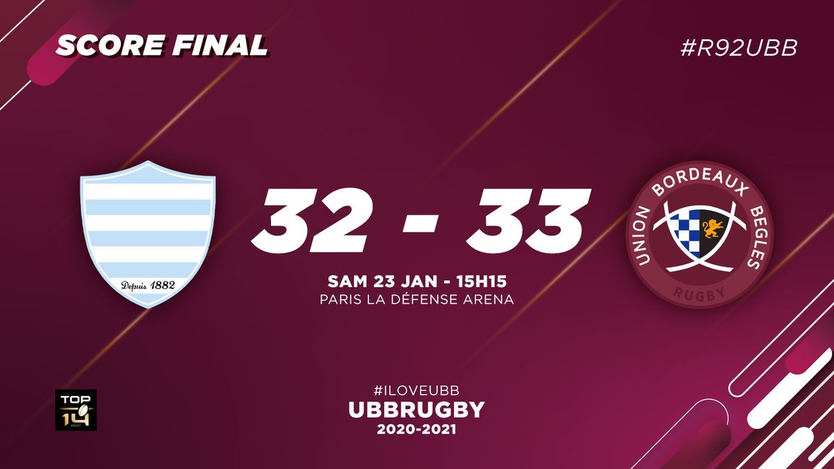 UBBrugby's tweet photo. C'est terminé ! L'UBB s'impose chez le Racing 92 !
#R92UBB #ILOVEUBB https://t.co/alnJRjXO0K