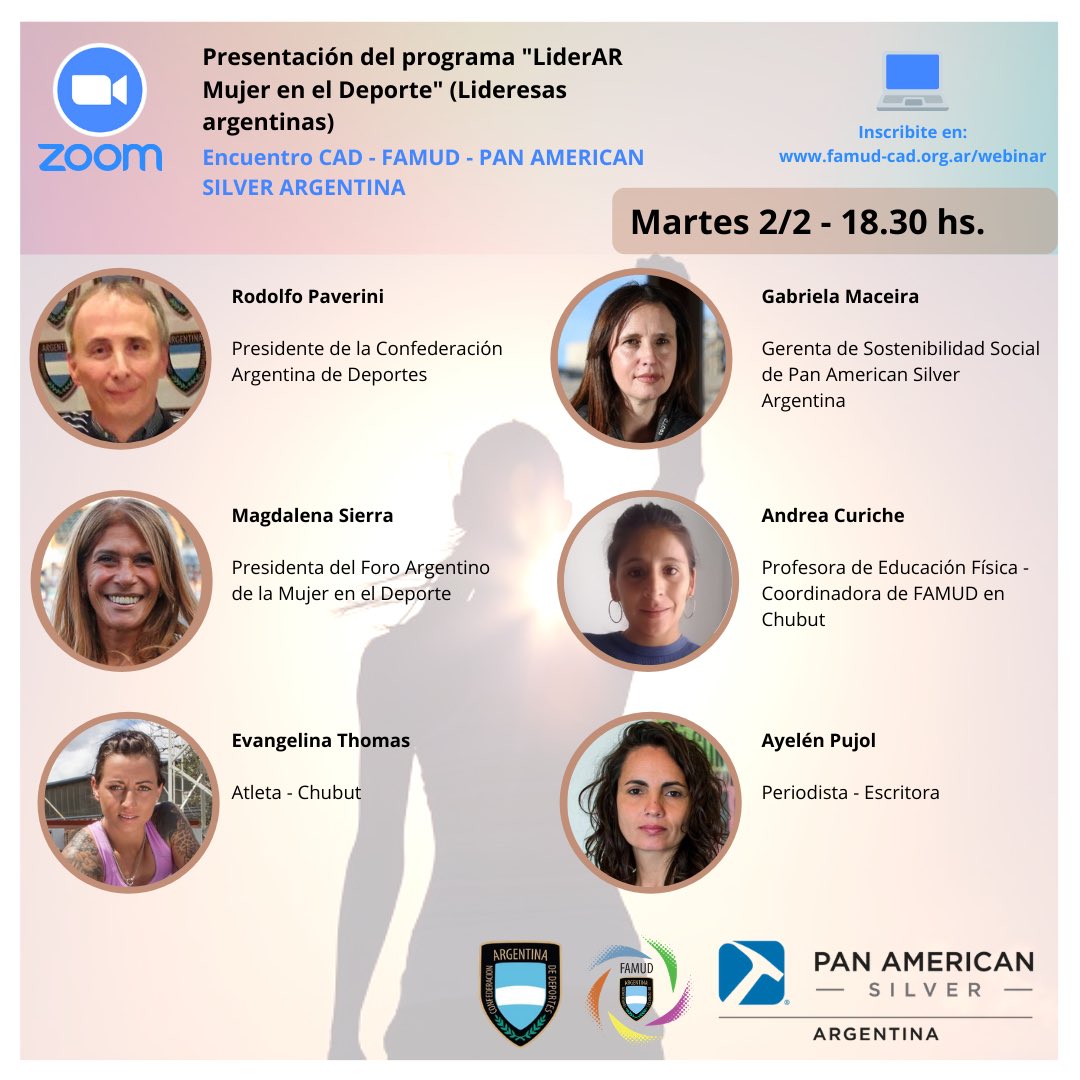 CAD_Deportes's tweet photo. El próximo martes 2 de febrero a las 18.30 hs presentaremos, a través de la plataforma webinar, el Programa “LiderAR Mujer en el Deporte” junto al Foro Argentino de la Mujer en el Deporte (FAMUD) y Pan American Silver Argentina.
⠀⠀⠀
👉🏼 Inscripción: https://t.co/X8LE6qc7dx https://t.co/fAOmlfLwmF