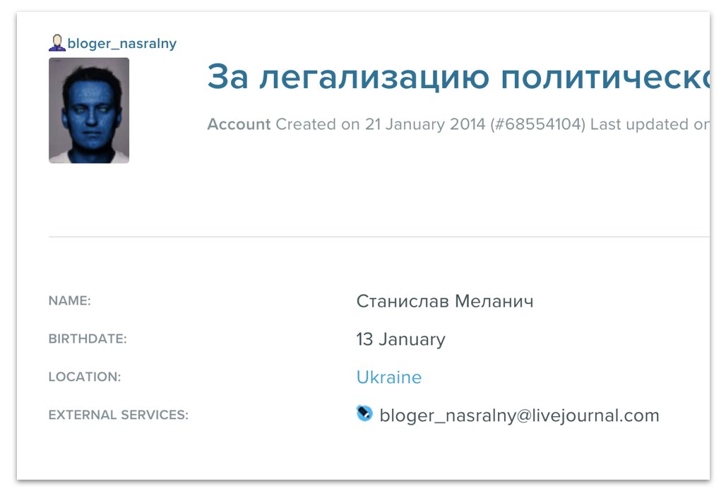 January 2014: op Secondary Infektion set up its most prolific persona, with a pic of Navalny’s face painted blue. It started out by attacking the Russian opposition. The username, bloger_nasralny, is a toilet pun on his name.