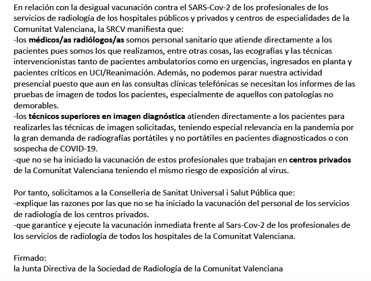 SRadiologiaCV's tweet photo. Comunicado de la Sociedad de Radiología de la Comunitat Valenciana/Comunicat de la Societat de Radiologia de la Comunitat Valenciana @SERAM_RX @GVAsanitat @anabarcelochico @isauranavarro https://t.co/ReUsJL7PK9