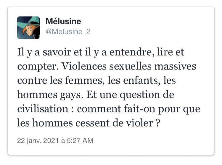 Le compte de <a href="/Melusine_2/">Mélusine</a> suspendu par Twitter pour avoir posté ça. 👇

On va donc reposer la question @TwitterFrance : « Comment fait-on pour que les hommes cessent de violer ? »