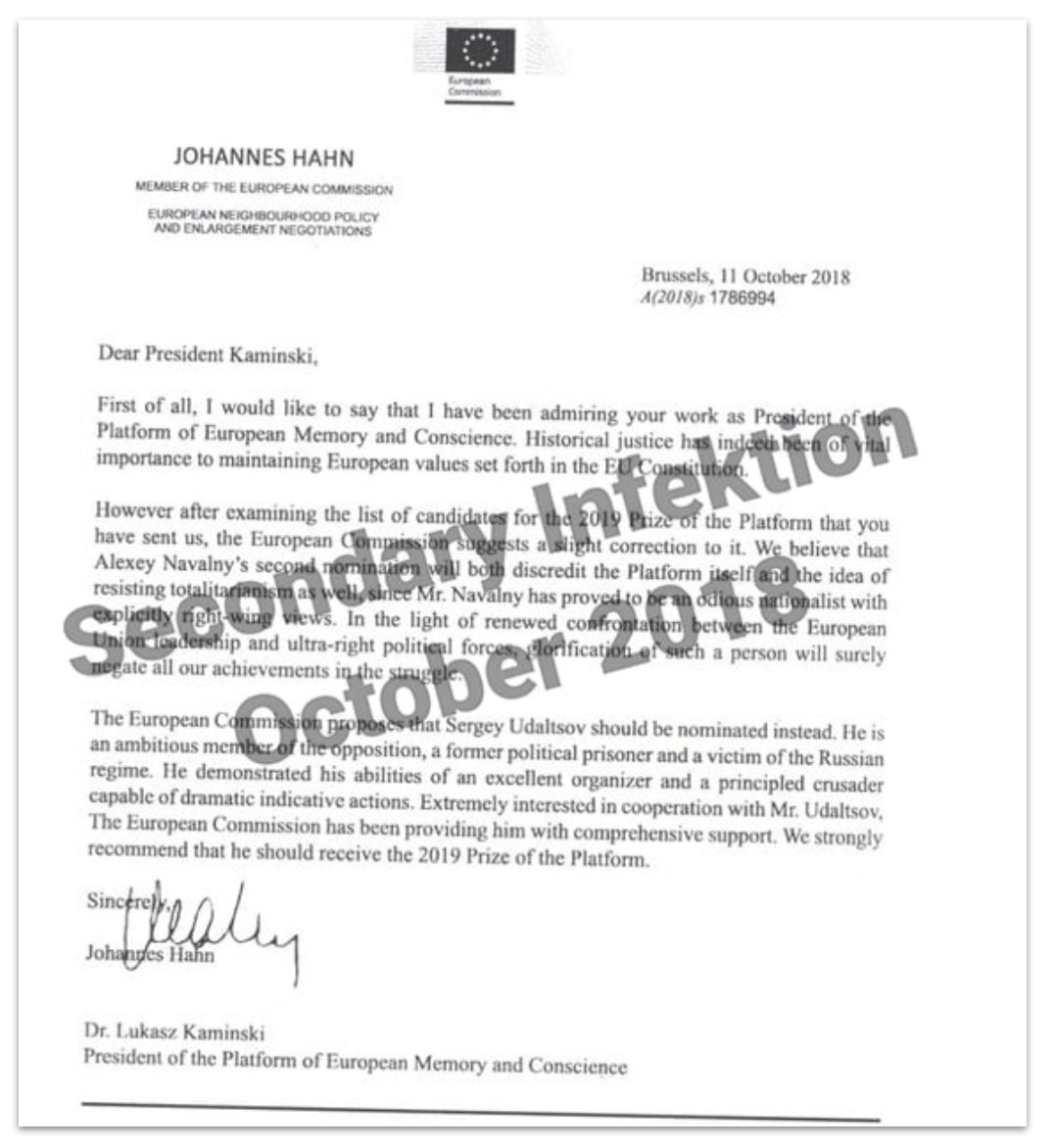 July 2018: forged letter that purportedly shows the EU Commission calling Navalny an "odious nationalist." A narrative you'll still hear from Russian state outlets and employees today.