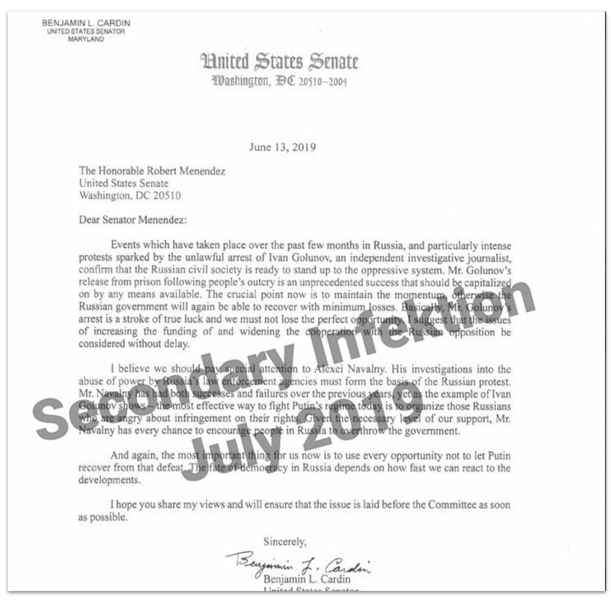 And yet another SI forgery from July 2019, this time trying to link Navalny to the US. Secondary Infektion loved faking letters from the Senate.