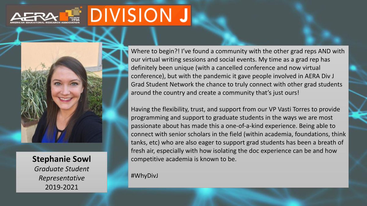 AERADivJGradNet's tweet photo. Don't forget! Apps for our #DivJ grad leadership team are due Feb 15- https://t.co/5T9qKJR58C.
Today we hear from our senior grad rep, @StephanieSowl, on her experience serving on the DivJ team the last two years. #WhyDivJ
@AERA_Grads @AERADiv_J @AERA_EdResearch @ashegrads https://t.co/SAuNNxoqQU
