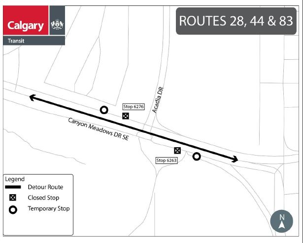 calgarytransit's tweet photo. #CTRiders #Route28 #Route44 #Route83 will have stop closures at Canyon Meadows DR @ Acadia DR for traffic signal work btw 9am and 3pm on Jan 25 to Jan 29. Stops 6263 and 6276 on Canyon Meadows DR at Acadia DR SE will be temporarily closed. More info at: https://t.co/xUo0Q8jToj https://t.co/RxuDJM5bzL