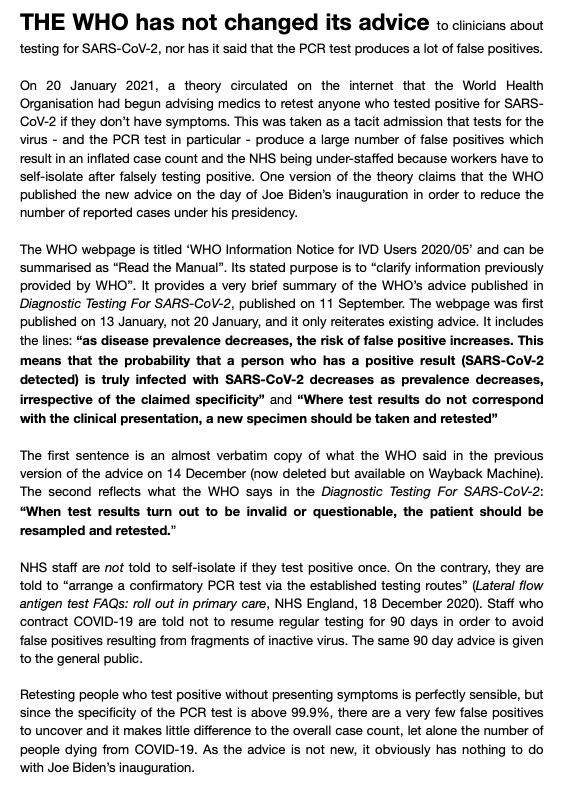 Adding this to my folder of prepared answers to tedious questions. The WHO has not changed its advice on testing, nor has it 'admitted' that PCR tests produce lots of false positives.