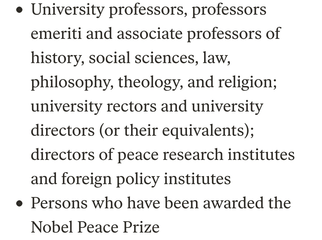 Who can nominate?University ProfessorsMembers of ParliamentMembers of GovernmentCurrent Heads of StateDirectors of Peace InstitutesIf you don't fit the criteria, convince someone who does, draft it for them.Full list: https://www.nobelpeaceprize.org/Nomination/Criteria-for-nominatorsNote: Deadline 31 January