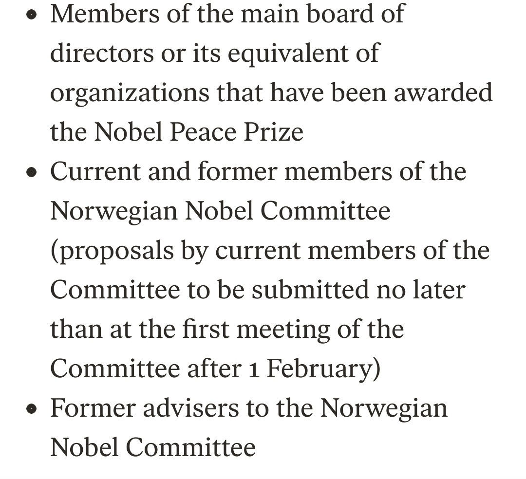 Who can nominate?University ProfessorsMembers of ParliamentMembers of GovernmentCurrent Heads of StateDirectors of Peace InstitutesIf you don't fit the criteria, convince someone who does, draft it for them.Full list: https://www.nobelpeaceprize.org/Nomination/Criteria-for-nominatorsNote: Deadline 31 January