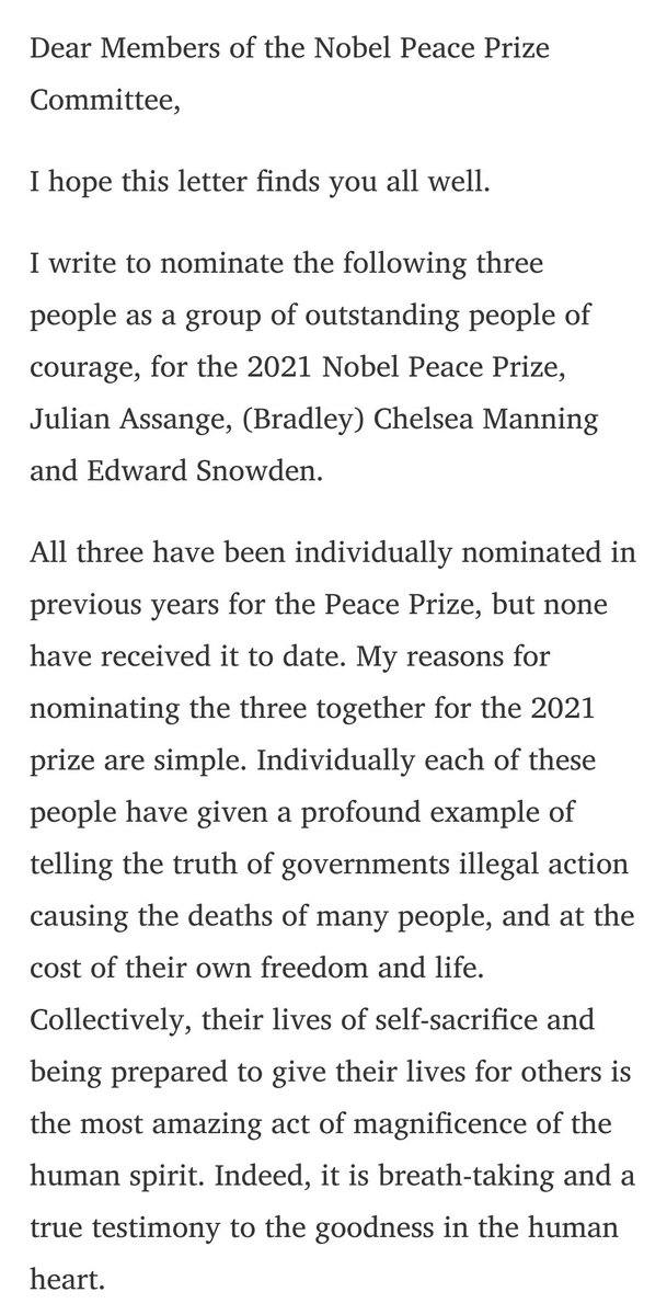 Example Nominations:Nobel Peace Prize Laureate  @MaireadMaguire8 nomination for Julian Assange, Chelsea Manning, Edward Snowden. Note: Deadline 31 January. Multiple nominations for the same person can only strengthen their chances of winning.
