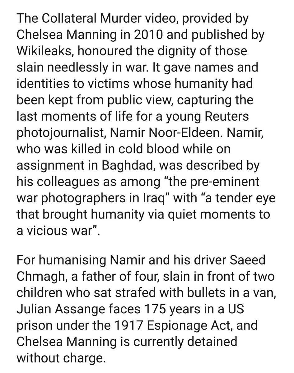 Example Nominations:Last year's nomination by members of the German federal parliament for Julian to win thr Nobel Peace Prize. Note: Deadline is 31 January. Multiple nominations for the same person strengthens their chances of winning. Https://defend.wikileaks.org/2020/02/06/julian-assange-chelsea-manning-and-edward-snowden-nominated-for-the-nobel-peace-prize/