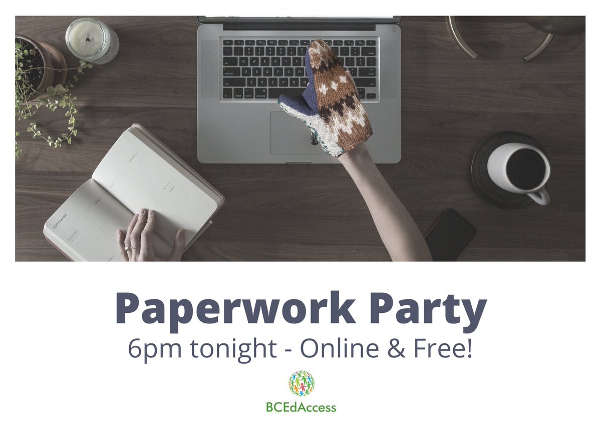 BCEdAccess's tweet image. Feeling overwhelmed by paperwork? Need some help? We have a #PaperworkParty starting at 6 - #free #accessible #social #ParentSupport for our #community. #DTC #TheBarriersWeFace #disability #bced #bcpoli Sign up buff.ly/3c5Juv4 @redcrosscanada @ESDC_GC