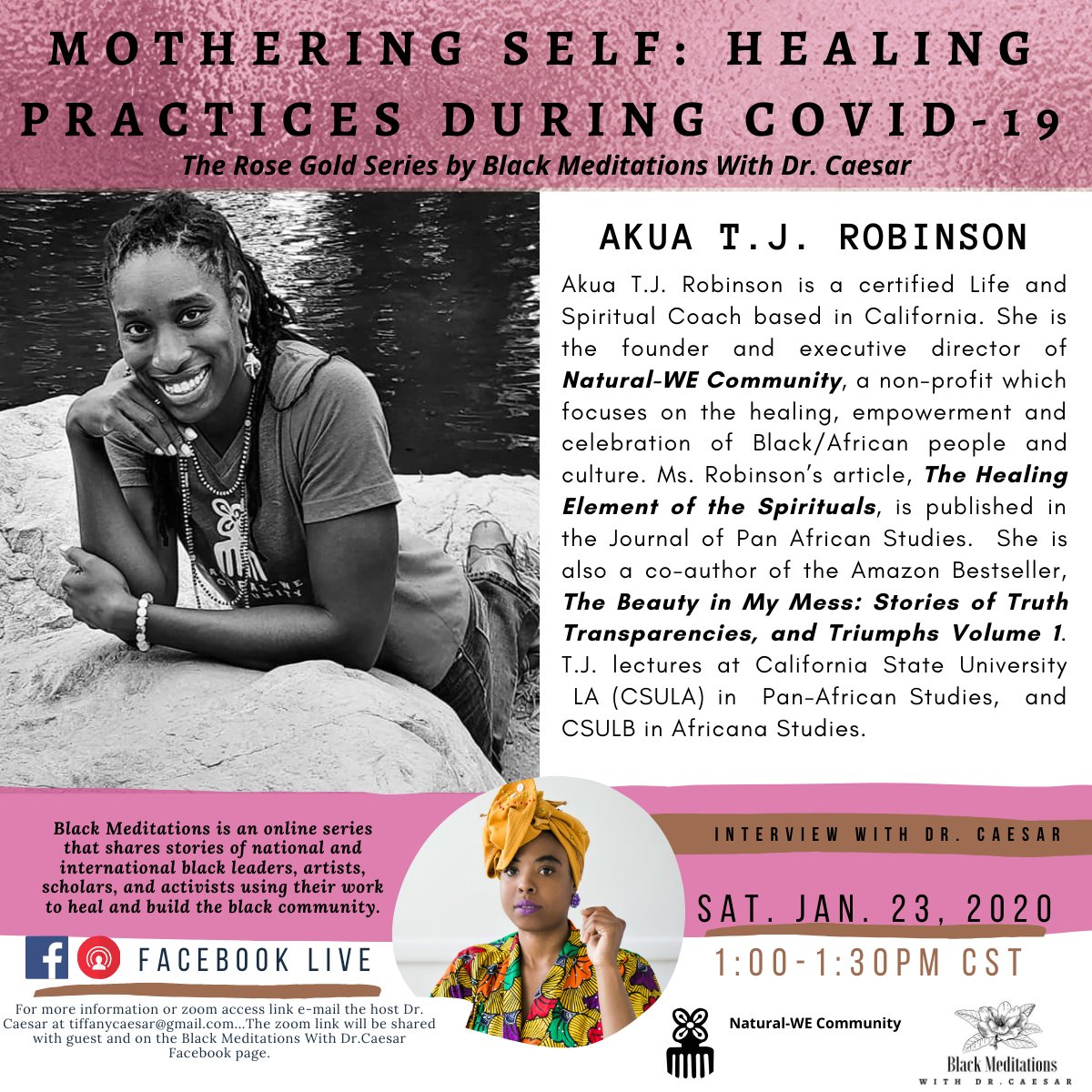 Today at 1:00pm Central Time...Akua T.J Robinson shares her knowledge on wellness and community building rooted in African Centeredness during the pandemic...Live on Black Meditations With Dr. Caesar Facebook page...#selfcare #blackstudies #BlackGirlMagic #Healing #ESSENCE