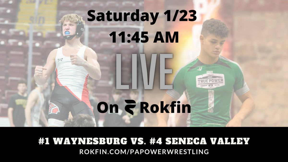 PAPowerWrestle's tweet photo. #1 Waynesburg vs. #4 Seneca Valley is live now on 
@TheRokfin!

Dual is starting at 132 with a matchup between:
#1 Dylan Chappell and #6 Colton Stoneking

Watch: https://t.co/88tkZXKyuk https://t.co/s3pkBezrJJ