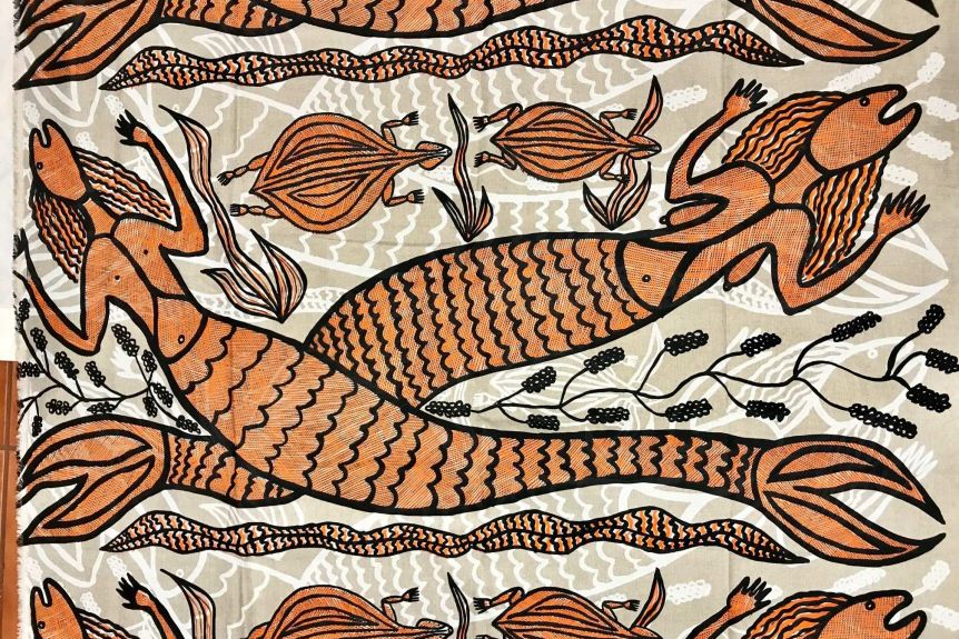 Finally the huge number of aquatic spirits in Aboriginal stories which resemble mermaids at face value but are so different when you see them depicted. These are Yawk Yawks.(This piece was by artist Sonia Namarnyilk  https://babbarra.com/artist/sonia-namarnyilk/) /7