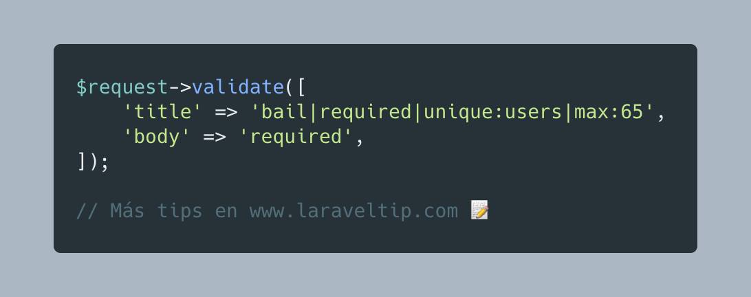 laraveltip's tweet photo. #LaravelTipDelDia si usas la regla de validación bail al comienzo de las reglas de validación, Laravel dejará de comprobar el resto de reglas cuando encuentre que una ha fallado
Util si tenes una regla de validación que va a BD, de esta forma te ahorras una query innecesaria😉🤙 https://t.co/xzMEiHUs6i