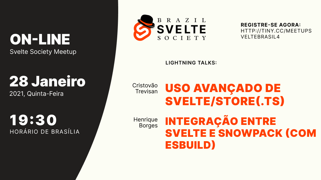 sveltebrasil's tweet photo. Está chegando pessoal, quinta-feira temos o 4º meetup do Svelte Brasil e o primeiro de 2021. Com estas palestras fantásticas do @cristovao_tre e @hbr_henrique .

Façam sua inscrição -> https://t.co/OR8jvUDgLR https://t.co/JONoLXlQaa