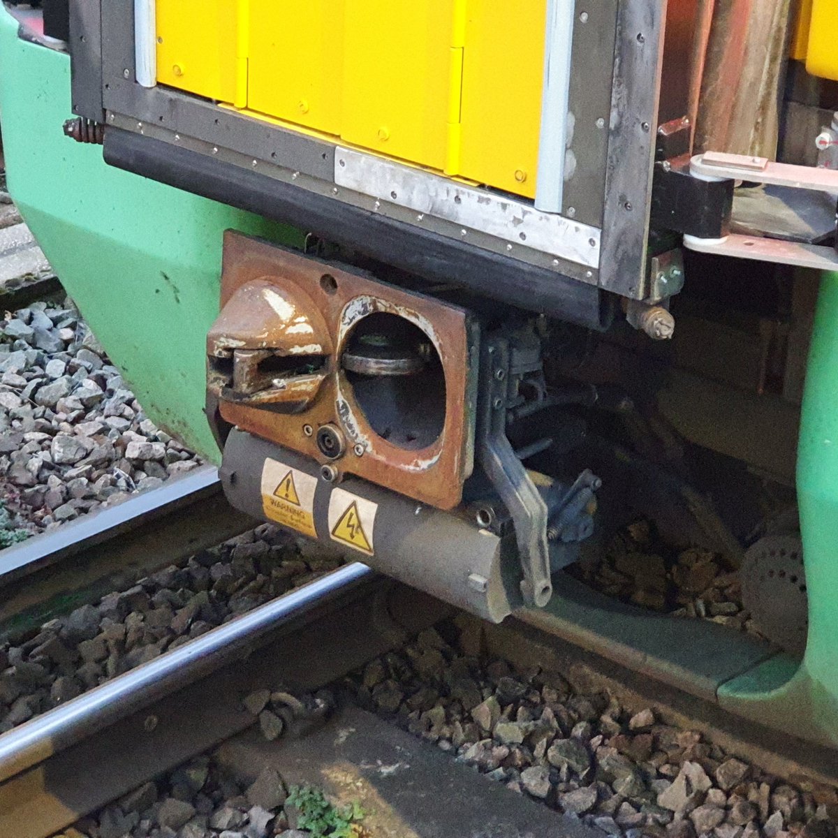  The first thing we check is the state of the coupler. We're checking that the cones are clear of debris (which is usually birds) and that the electrical cover is closed. &ndash; bei  Horsham Railway Station (HRH)