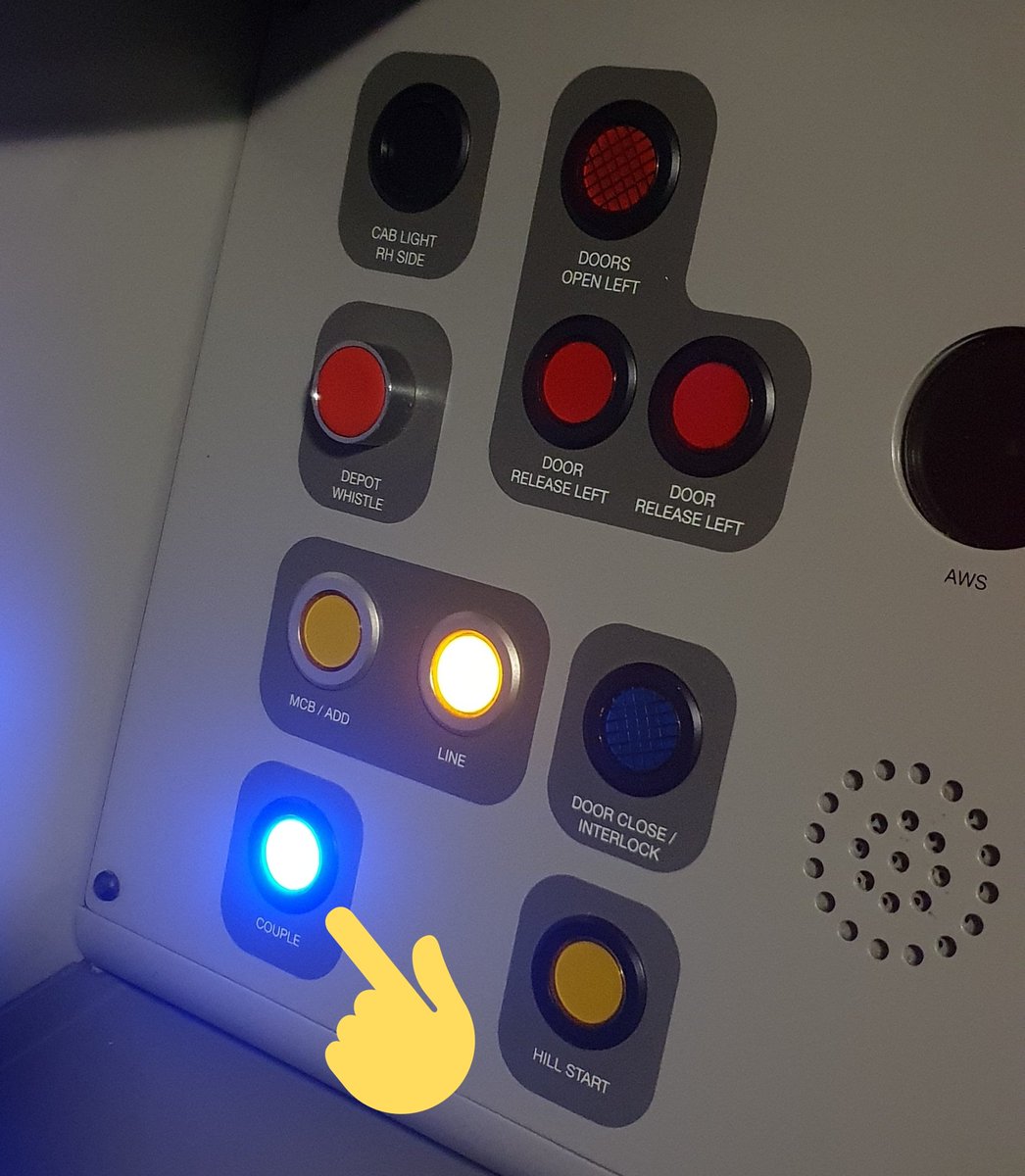  The final instruction we give to the driver is:- Press the couple button. When the driver presses this button, the electrical connections are made. If successful the button on both trains will light up. We tell the driver if the button is lit up on the front portion.
