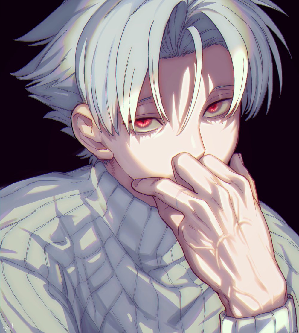 veins 1boy male focus red eyes solo sweater white hair  illustration images