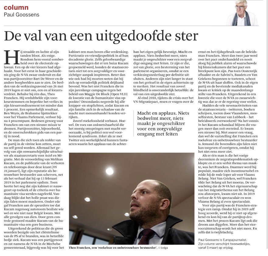 PaulGoossens2's tweet image. Waarom Theo Francken nog moeilijk te redden is. Mijn gedacht, vandaag in DS.