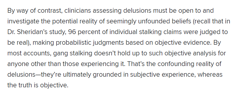 Gang-stalking, for those who aren't familiar, is... well, why don't I let a professional talk about it? This is part 1 of a 3-part article (part 2 is WAY more relevant to understanding this, IMO, so read if interested! But Part I has the background.) https://www.psychologytoday.com/ca/blog/psych-unseen/202010/gang-stalking-real-life-harassment-or-textbook-paranoia