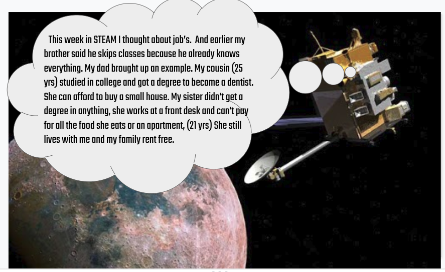 This semester in our STEAM class we've been learning about job clusters. We talk about why to put effort into our work and what employers are really looking for. We reflect every Friday. I think it is working (see student reflection).