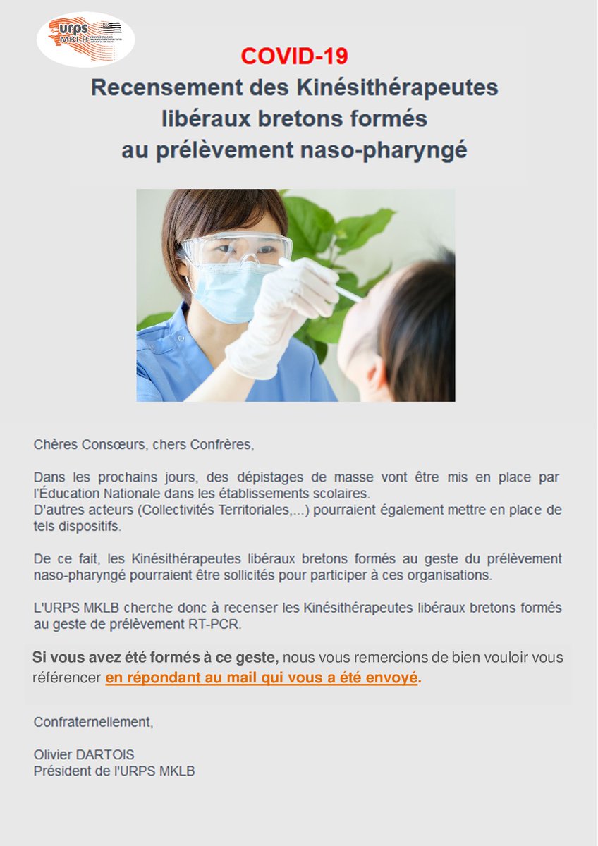 urps_mk_bzh's tweet photo. COVID-19 : RECENSEMENT DES KINESITHERAPEUTES LIBÉRAUX BRETONS FORMES AU GESTE DE PRELEVEMENT NASO-PHARYNGE

Pour vous référencer, merci de consulter votre boite mail.
En cas de non réception du mail, vérifiez dans vos spams.
A défaut, contactez-nous : accueil@urps-mk-bretagne.org https://t.co/lA8QgFEgHr