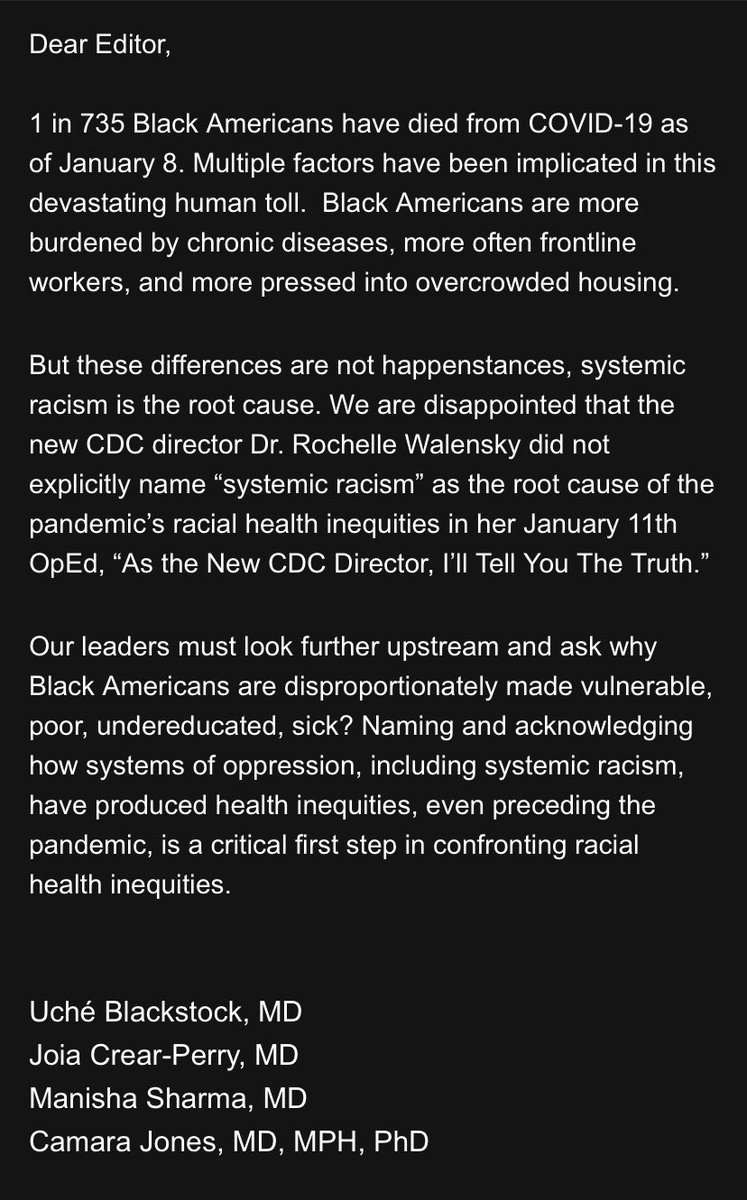 Last week,  @CamaraJones,  @dr_msharma,  @doccrearperry and I wrote a Letter to the Editor at the  @nytimes in response to  @CDCDirector’s January 11th OpEd, “As the New CDC Director, I’ll Tell You The Truth.” The letter was not accepted for the publication, but I’m sharing it below.