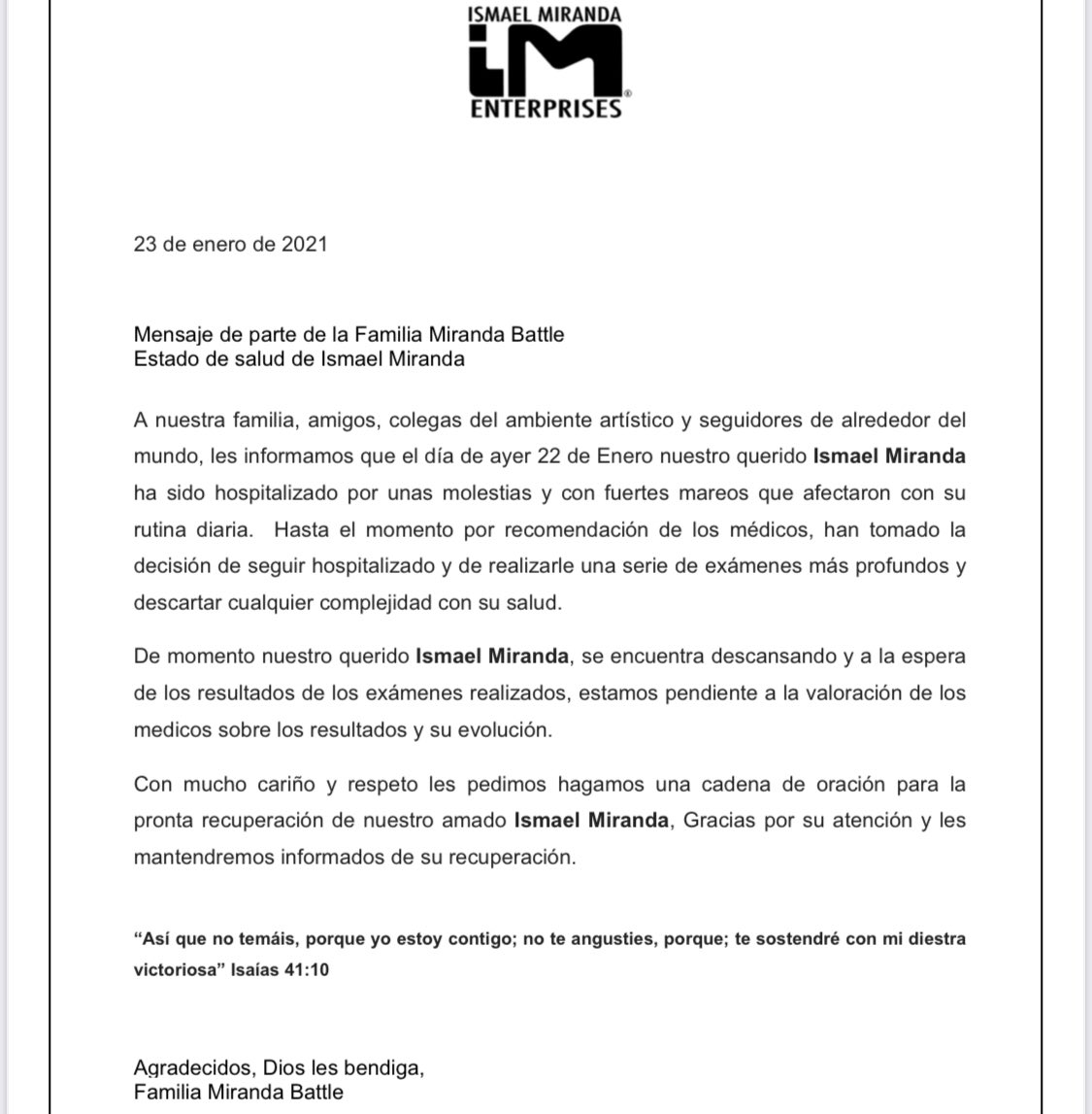 A todos nuestro amigos, familiares y seguidores les pedimos oremos todos juntos por su pronta recuperación. 
Atte IM Enterprises
#niñobonito #diosesamor #condiostodoesposible
