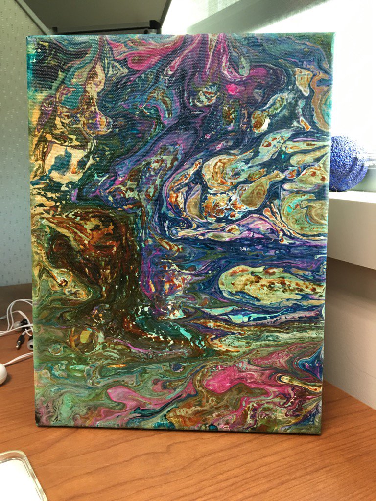 . @skydance010 is also an enthusiastic artist and dancer, and presented me with this wonderful, colorful painting inspired by Saturn's clouds. Sky is now studying for a PhD in aerospace engineering at  @CUsystem. [29/n]