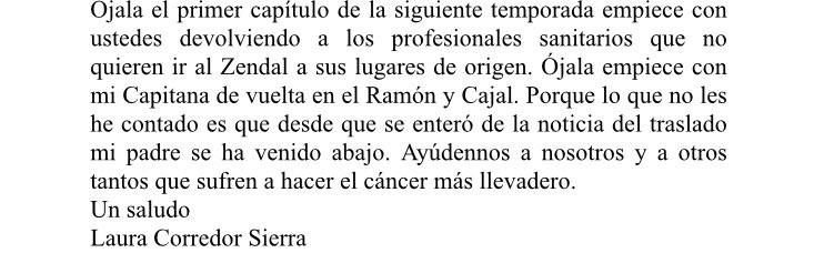 BeatrizCorredor's tweet photo. A la atención de la Sra. Presidenta @IdiazAyuso y del Sr. Consejero @eruizescudero de @SaludMadrid.

Les adjunto la carta que mi hermana @CorredorLau firma en nombre de los 5 hermanos y de nuestra madre, que vemos cómo sufre nuestro padre. 
Atte. https://t.co/Y3S69IApN8