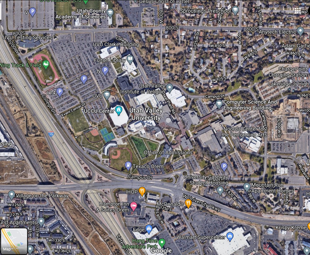 A google maps image of Utah Valley University's campus showing its abundant parking lots