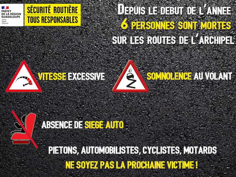 Prefet971's tweet photo. #SécuritéRoutière Depuis le début de l'année 6 pers sont mortes sur les routes de #Guadeloupe
Plus que jamais luttons contre les mauvais comportements & préservons la sécurité de chacun.
Ne risquez pas votre vie et celle des autres
#RoutePlusSure #VivreEnsemble
#SauvonsPlusDeVies https://t.co/rLkcFMIYW6